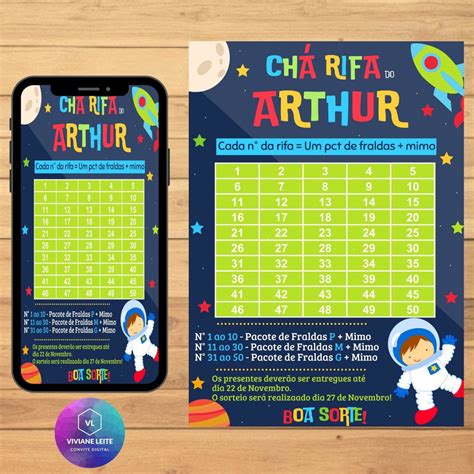 Cha rifa astronauta Convite digital + cartela digital números - Convide seus amigos e familiares para participar do chá rifa do seu bebê pelas redes sociais
